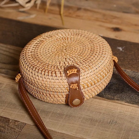 2X HP🌴ROUND CIRCLE WOVEN STRAW CROSSBODY HANDBAG - Picture 3 of 6